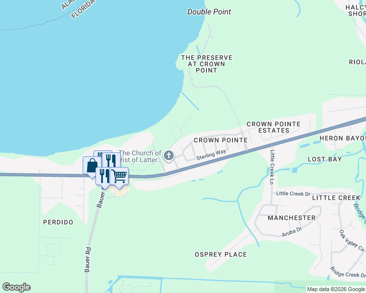 map of restaurants, bars, coffee shops, grocery stores, and more near 8076 Castle Pointe Way in Pensacola