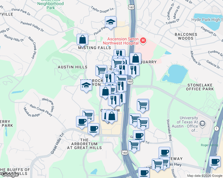 map of restaurants, bars, coffee shops, grocery stores, and more near 10726 Jollyville Road in Austin