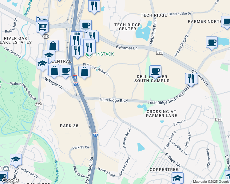 map of restaurants, bars, coffee shops, grocery stores, and more near 183 West Canyon Ridge Drive in Austin