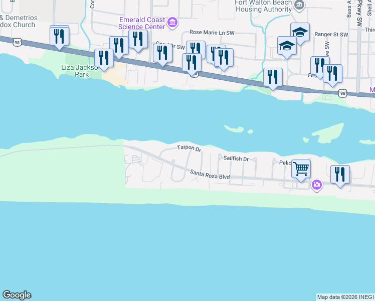 map of restaurants, bars, coffee shops, grocery stores, and more near 814 Tarpon Drive in Fort Walton Beach