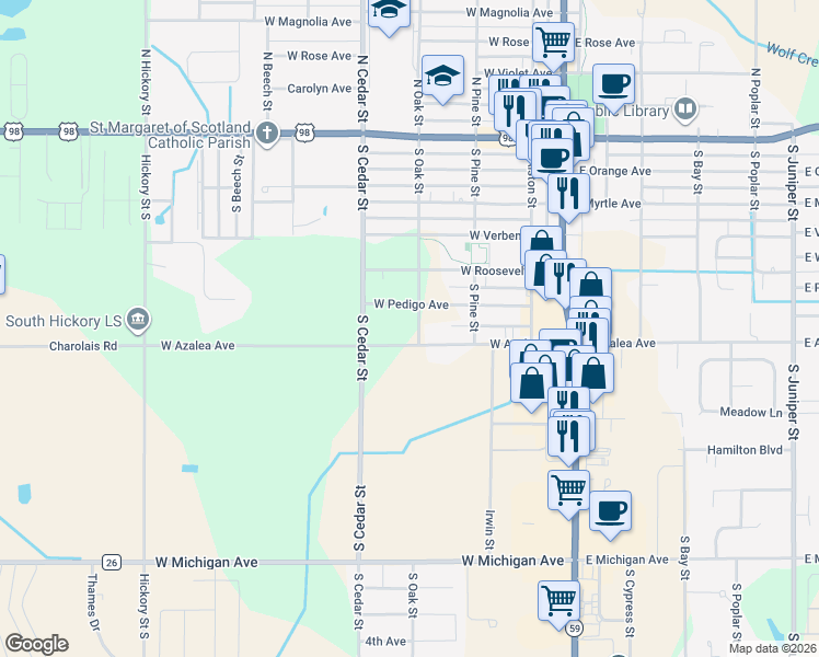 map of restaurants, bars, coffee shops, grocery stores, and more near 404 West Pedigo Avenue in Foley