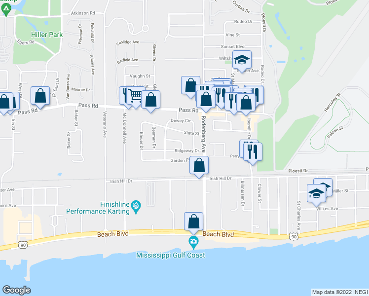map of restaurants, bars, coffee shops, grocery stores, and more near 1724 Ridgeway Drive in Biloxi
