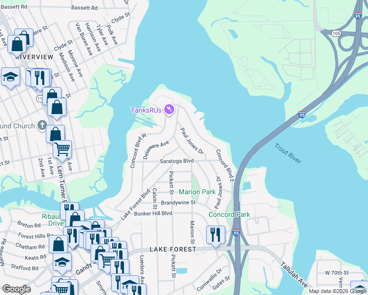 map of restaurants, bars, coffee shops, grocery stores, and more near 8305 Paul Jones Drive in Jacksonville