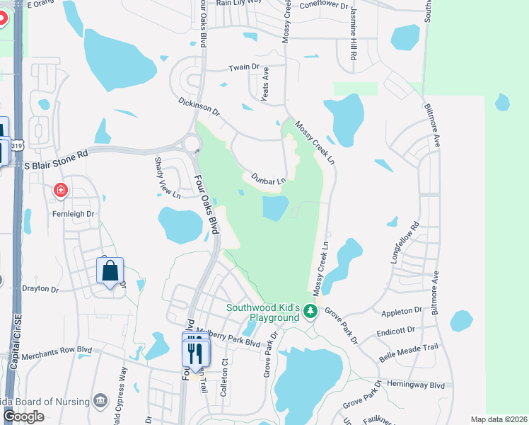 map of restaurants, bars, coffee shops, grocery stores, and more near 3162 Dunbar Lane in Tallahassee