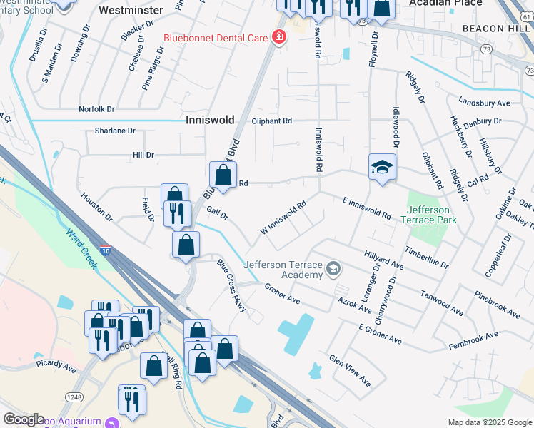 map of restaurants, bars, coffee shops, grocery stores, and more near in Baton Rouge