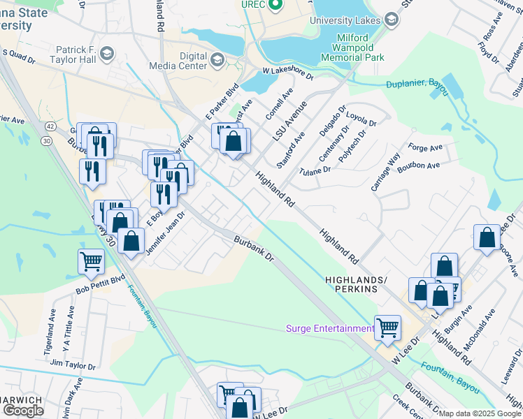 map of restaurants, bars, coffee shops, grocery stores, and more near 4556 Highland Road in Baton Rouge