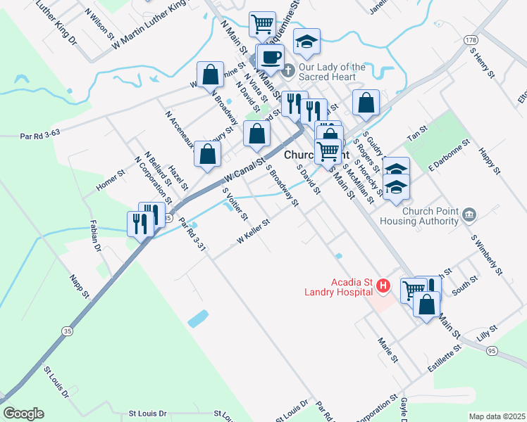 map of restaurants, bars, coffee shops, grocery stores, and more near 320 South Coolidge Street in Church Point