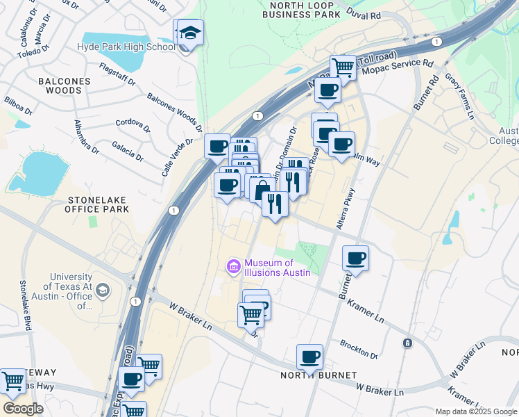 map of restaurants, bars, coffee shops, grocery stores, and more near 11410 Century Oaks Terrace in Austin
