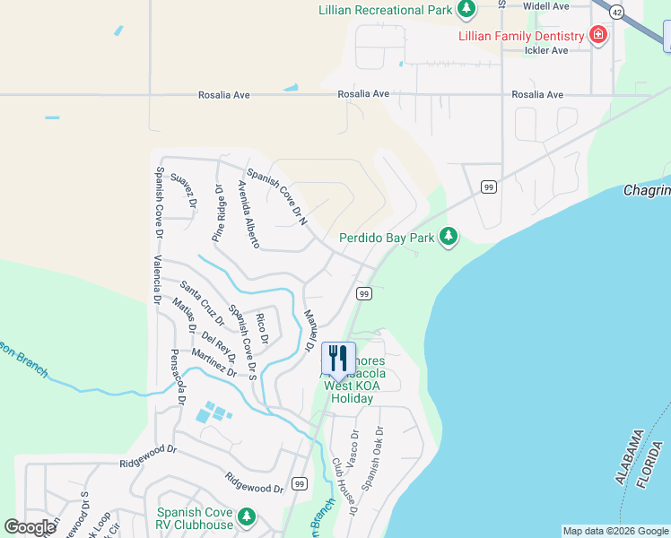 map of restaurants, bars, coffee shops, grocery stores, and more near 2738 Spanish Cove Drive North in Lillian