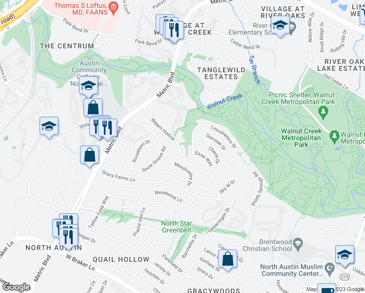 map of restaurants, bars, coffee shops, grocery stores, and more near 12003 Bittern Hollow in Austin