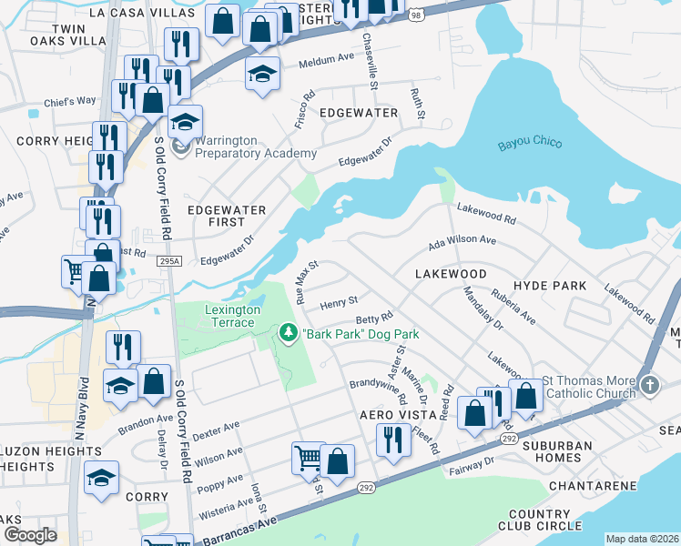 map of restaurants, bars, coffee shops, grocery stores, and more near 600 Rue Max Street in Pensacola