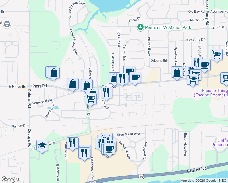 map of restaurants, bars, coffee shops, grocery stores, and more near 2620 Lejuene Drive in Biloxi