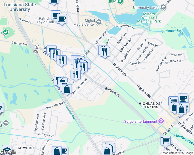 map of restaurants, bars, coffee shops, grocery stores, and more near 389 Jennifer Jean Drive in Baton Rouge
