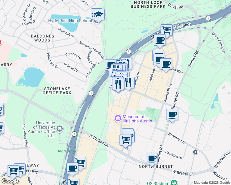 map of restaurants, bars, coffee shops, grocery stores, and more near 3220 Amy Donovan Plaza in Austin