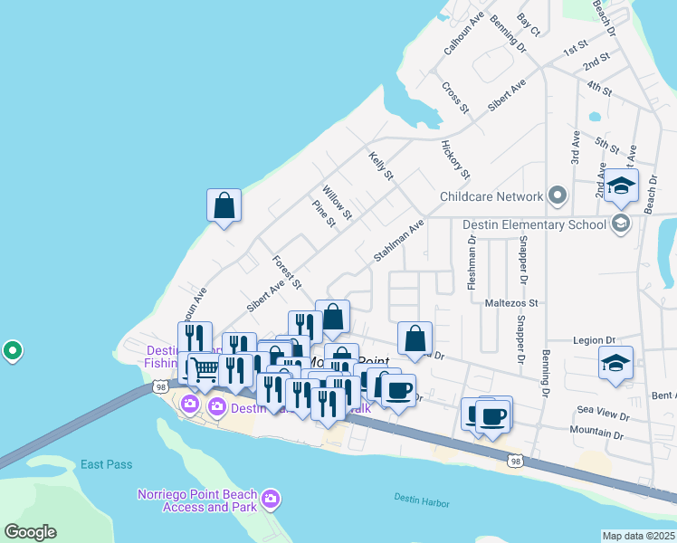 map of restaurants, bars, coffee shops, grocery stores, and more near 291 Stahlman Avenue in Destin