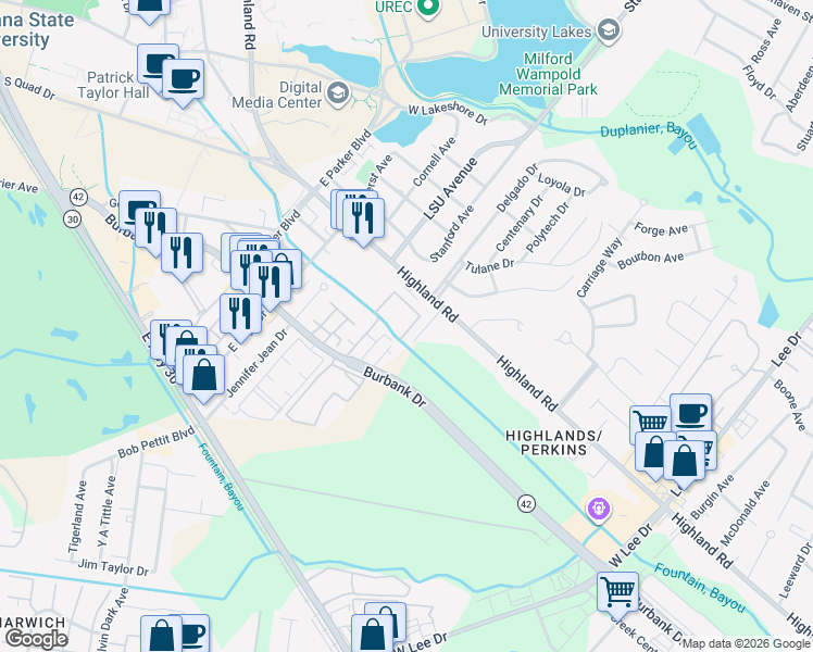 map of restaurants, bars, coffee shops, grocery stores, and more near 4556 Highland Road in Baton Rouge