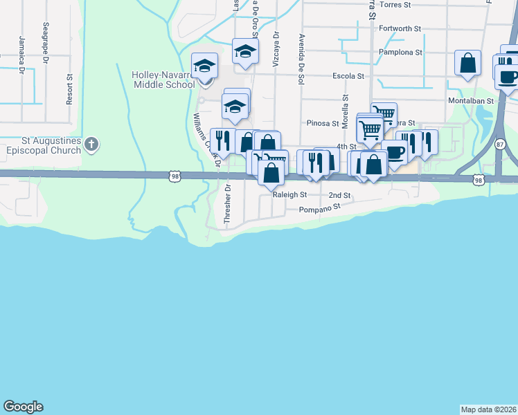 map of restaurants, bars, coffee shops, grocery stores, and more near 1802 Salem Avenue in Navarre