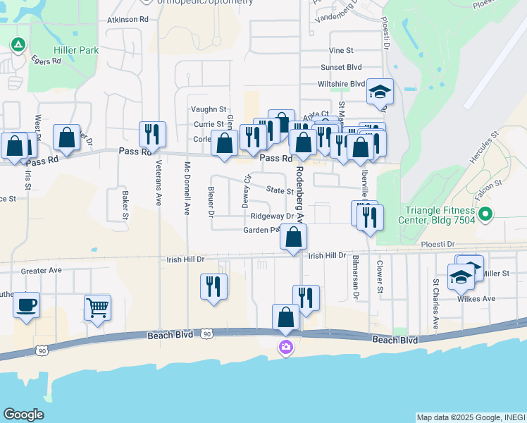 map of restaurants, bars, coffee shops, grocery stores, and more near 1730 Ridgeway Drive in Biloxi