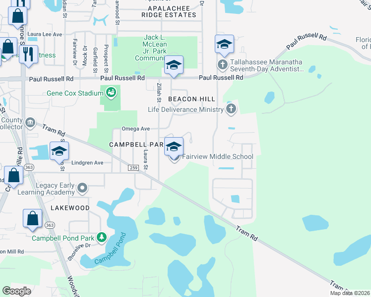 map of restaurants, bars, coffee shops, grocery stores, and more near 3413 Zillah Street in Tallahassee