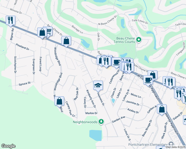 map of restaurants, bars, coffee shops, grocery stores, and more near 713 Heavens Drive in Mandeville