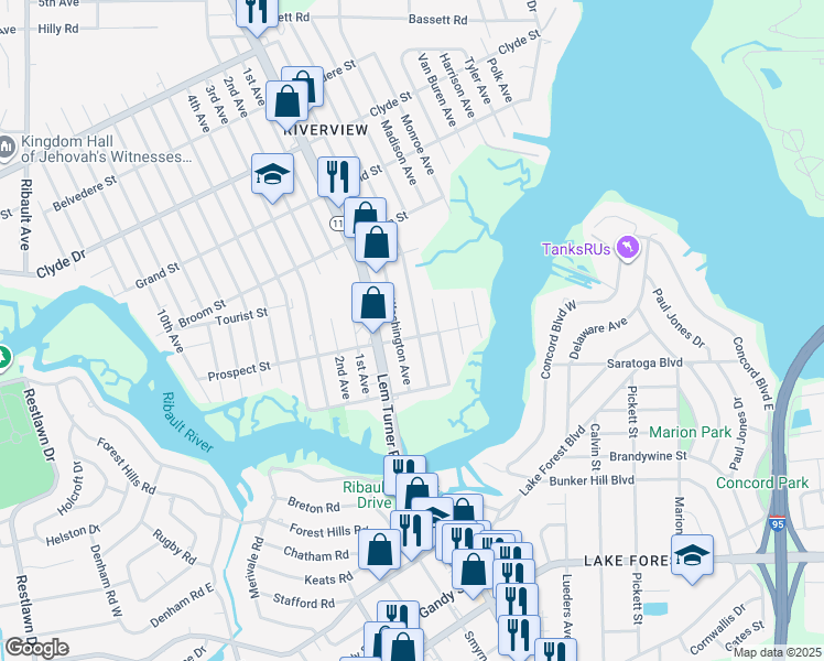 map of restaurants, bars, coffee shops, grocery stores, and more near 1905 Prospect Street in Jacksonville