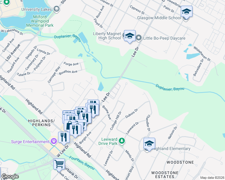 map of restaurants, bars, coffee shops, grocery stores, and more near in Baton Rouge