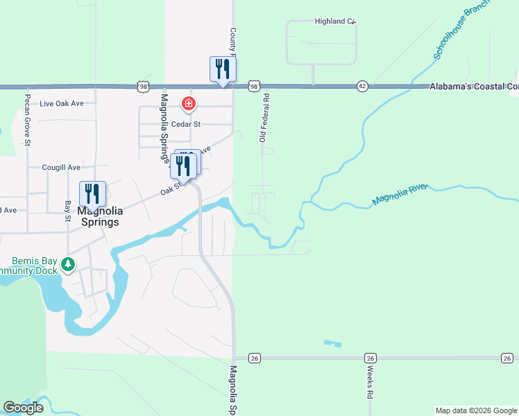 map of restaurants, bars, coffee shops, grocery stores, and more near Old Federal Road in Magnolia Springs