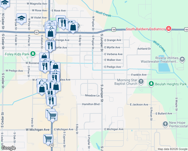 map of restaurants, bars, coffee shops, grocery stores, and more near 417 N Poplar St in Foley