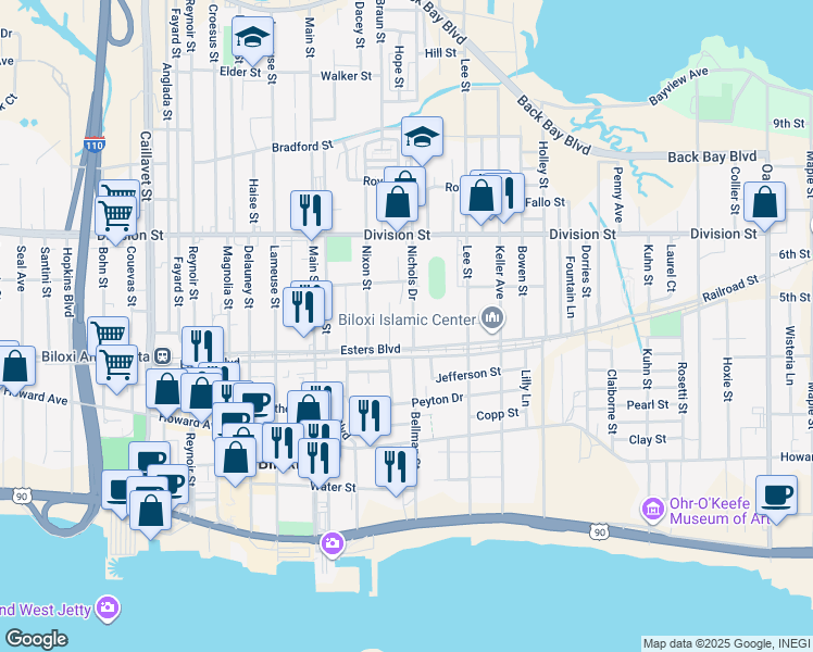 map of restaurants, bars, coffee shops, grocery stores, and more near 217 Nichols Drive in Biloxi