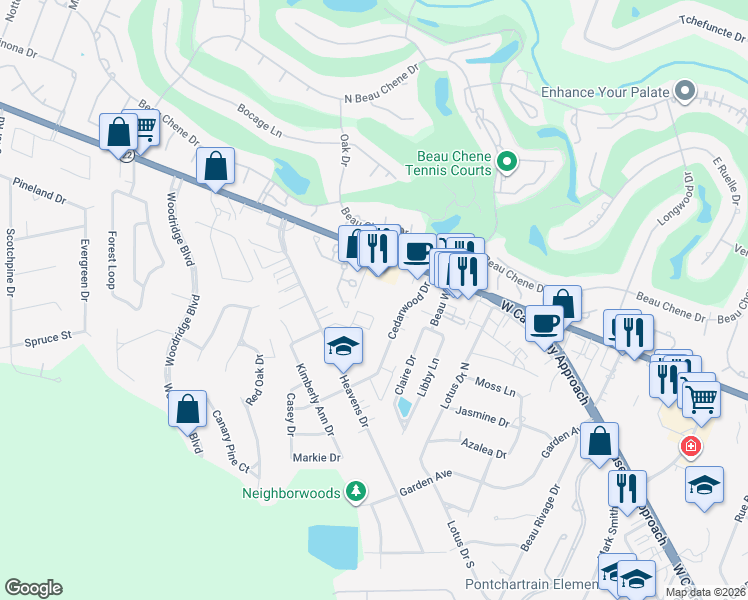 map of restaurants, bars, coffee shops, grocery stores, and more near 207 Parkview Boulevard in Mandeville