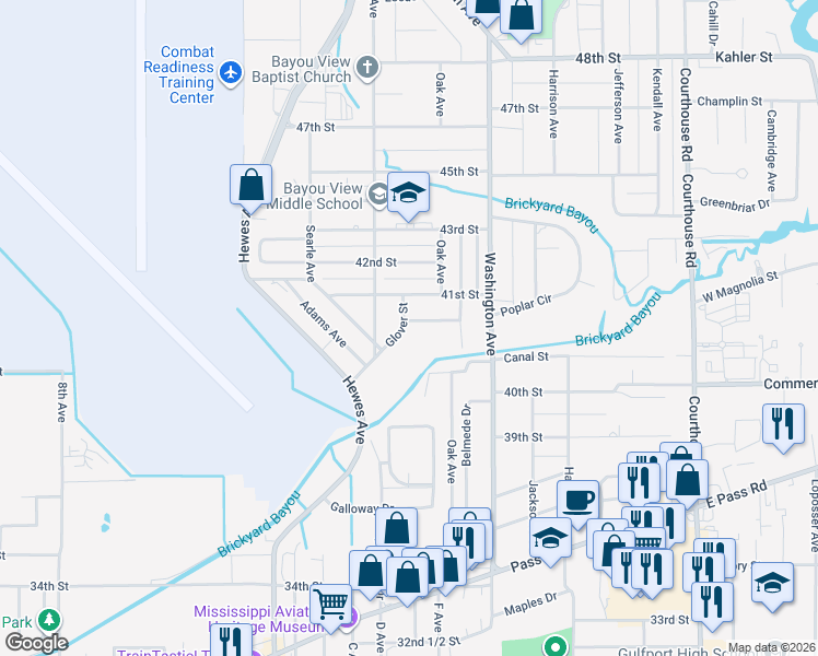 map of restaurants, bars, coffee shops, grocery stores, and more near 208 Ridgeway Avenue in Gulfport