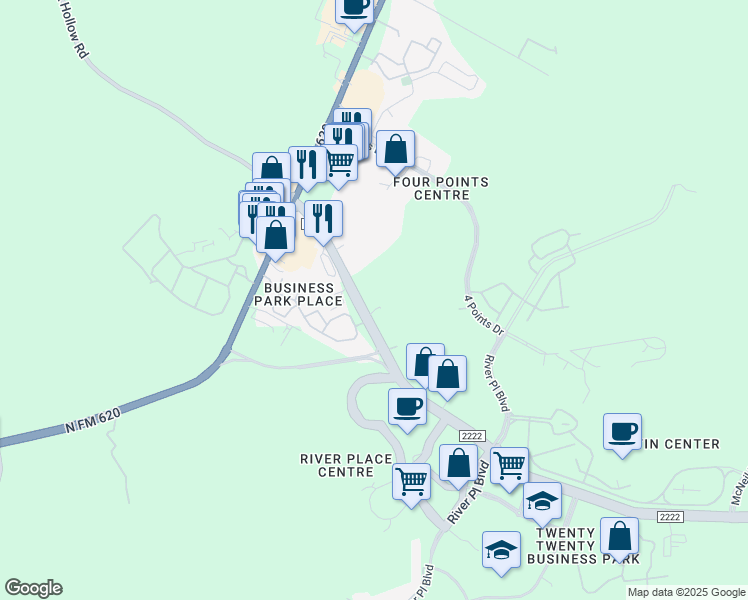 map of restaurants, bars, coffee shops, grocery stores, and more near 11220 Ranch Road 2222 in Austin