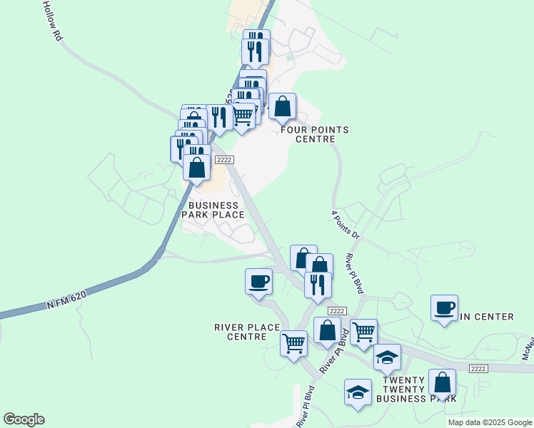 map of restaurants, bars, coffee shops, grocery stores, and more near 11210 Ranch to Market 2222 in Austin