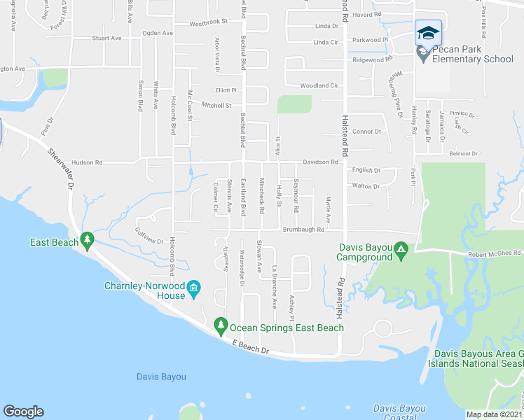 map of restaurants, bars, coffee shops, grocery stores, and more near 306 Mincheck Road in Ocean Springs