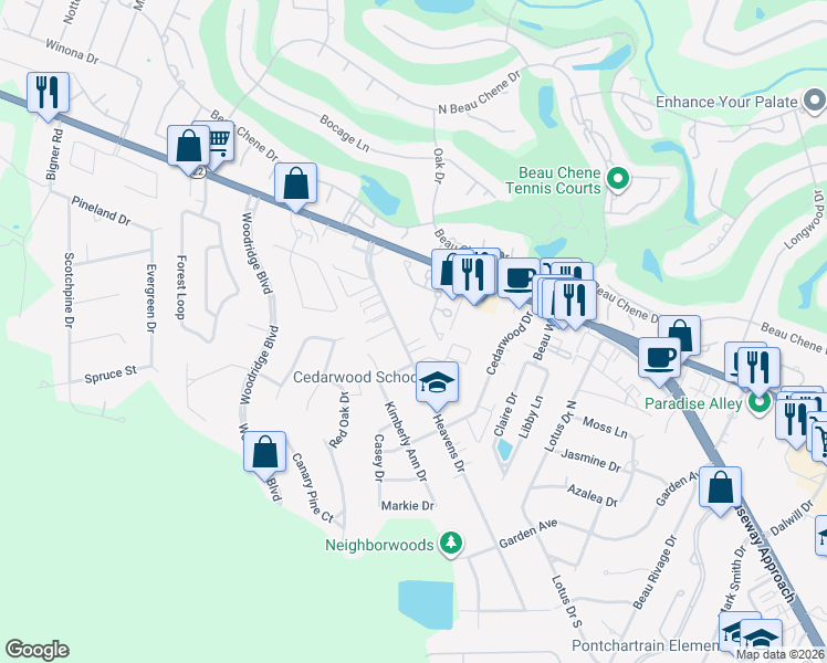 map of restaurants, bars, coffee shops, grocery stores, and more near 721 Heavens Drive in Mandeville