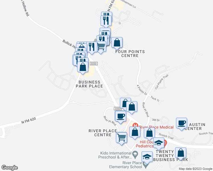 map of restaurants, bars, coffee shops, grocery stores, and more near 11206 Ranch to Market 2222 in Austin