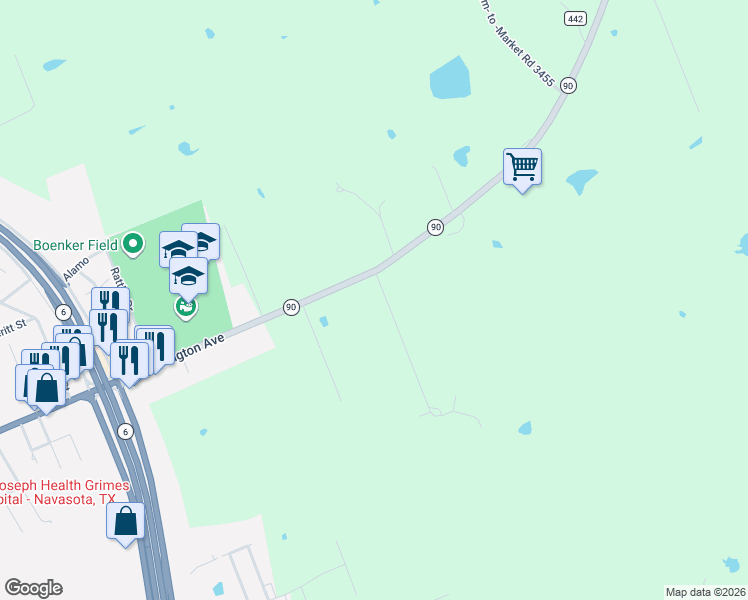 map of restaurants, bars, coffee shops, grocery stores, and more near State Highway 90 in Navasota