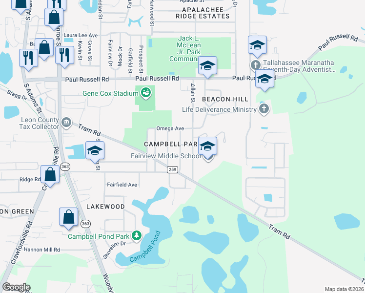 map of restaurants, bars, coffee shops, grocery stores, and more near 3410 Laura Street in Tallahassee