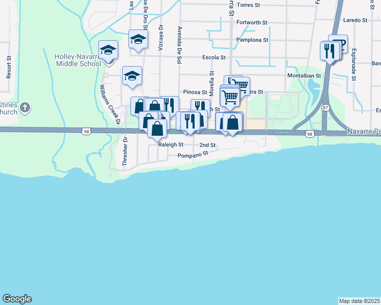 map of restaurants, bars, coffee shops, grocery stores, and more near 8137 Navarre Parkway in Navarre