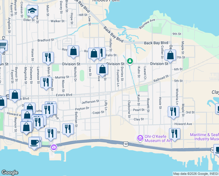 map of restaurants, bars, coffee shops, grocery stores, and more near 200-246 Holley Street in Biloxi