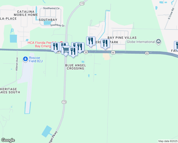 map of restaurants, bars, coffee shops, grocery stores, and more near 725 Giese Lane in Pensacola