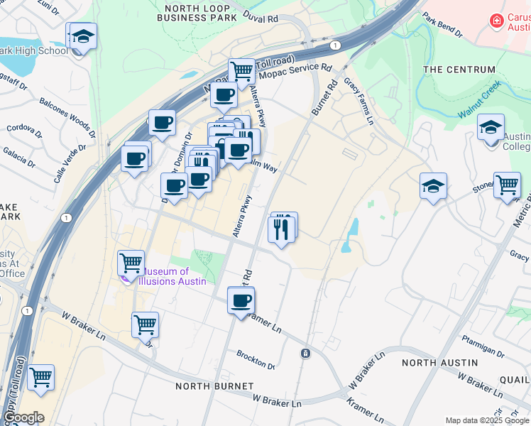 map of restaurants, bars, coffee shops, grocery stores, and more near 11401 Burnet Road in Austin