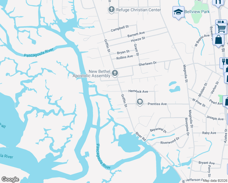map of restaurants, bars, coffee shops, grocery stores, and more near 3407 Hemlock Avenue in Moss Point