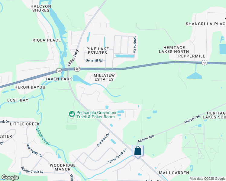 map of restaurants, bars, coffee shops, grocery stores, and more near 743 Bucksaw Drive in Pensacola
