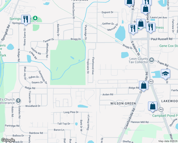 map of restaurants, bars, coffee shops, grocery stores, and more near 207 Fleetwood Avenue in Tallahassee