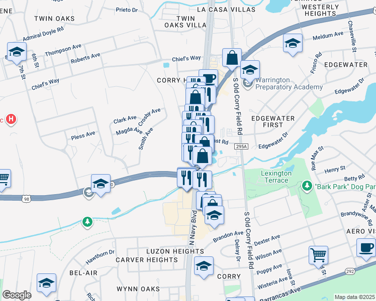 map of restaurants, bars, coffee shops, grocery stores, and more near 725 North Navy Boulevard in Pensacola