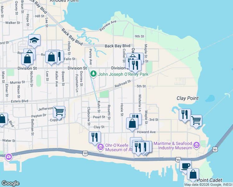 map of restaurants, bars, coffee shops, grocery stores, and more near 228 Crawford Street in Biloxi