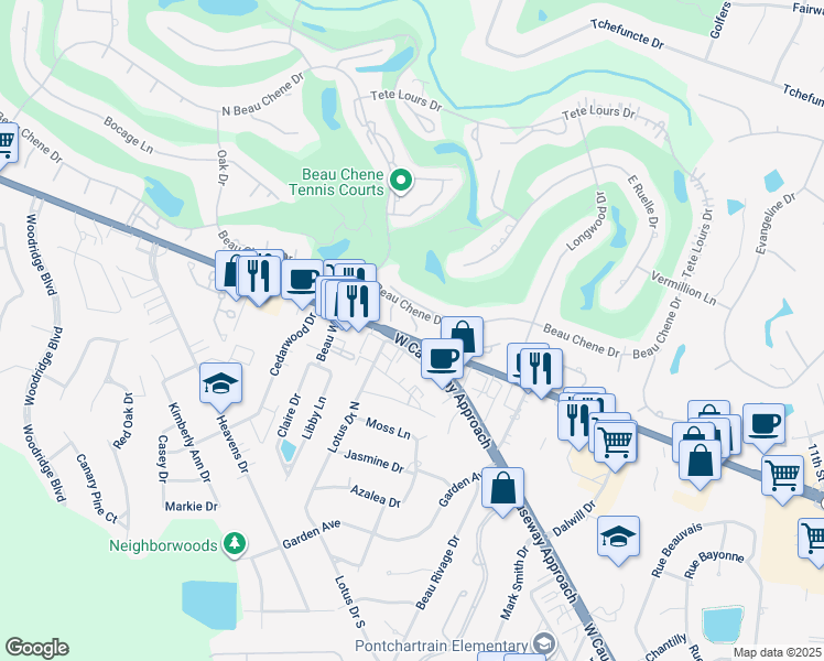 map of restaurants, bars, coffee shops, grocery stores, and more near 101 East Brighton Court in Mandeville