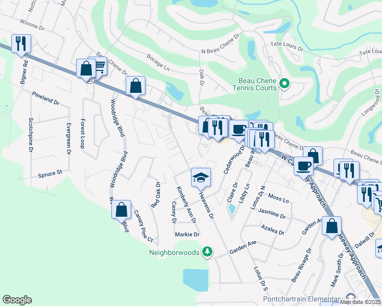 map of restaurants, bars, coffee shops, grocery stores, and more near 721 Heavens Drive in Mandeville