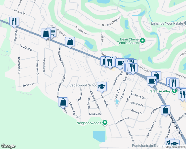 map of restaurants, bars, coffee shops, grocery stores, and more near 721 Heavens Drive in Mandeville
